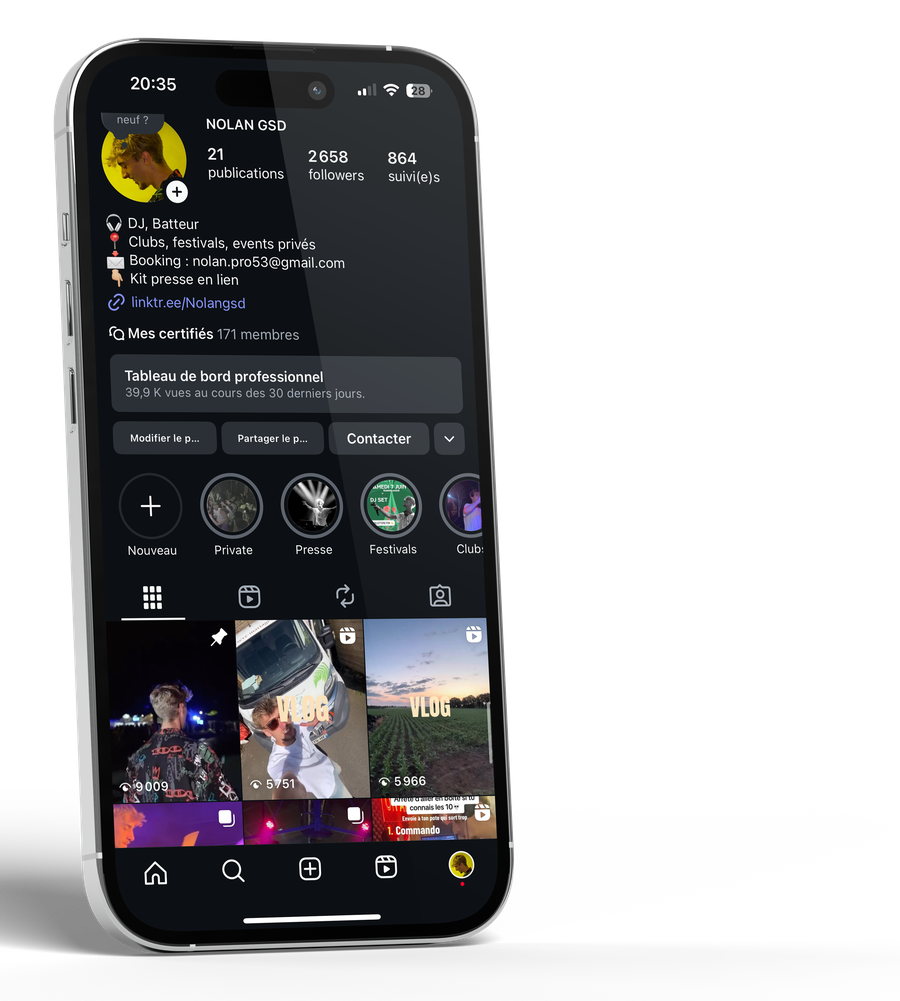 Téléphone affichant le profil Instagram NOLAN GSD : 2 658 abonnés, DJ, batteur, clubs, festivals, events privés