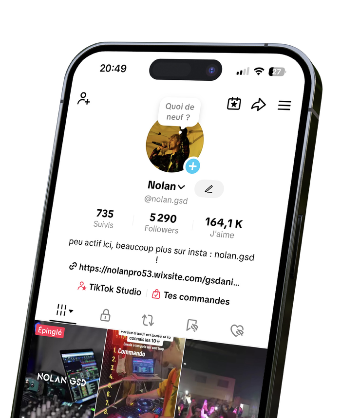 Téléphone affichant le profil TikTok @nolan.gsd : 5 290 abonnés, 164,1 K j’aime
